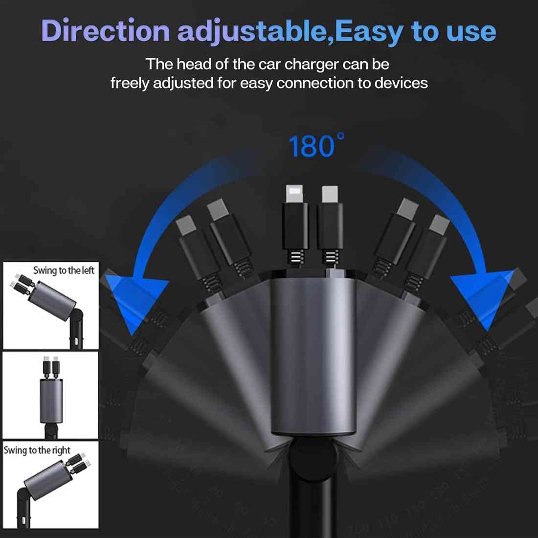New 4 in 1 Retractable cable 2 Type C and iPhone Fast Charging Car Phone Charger 120W