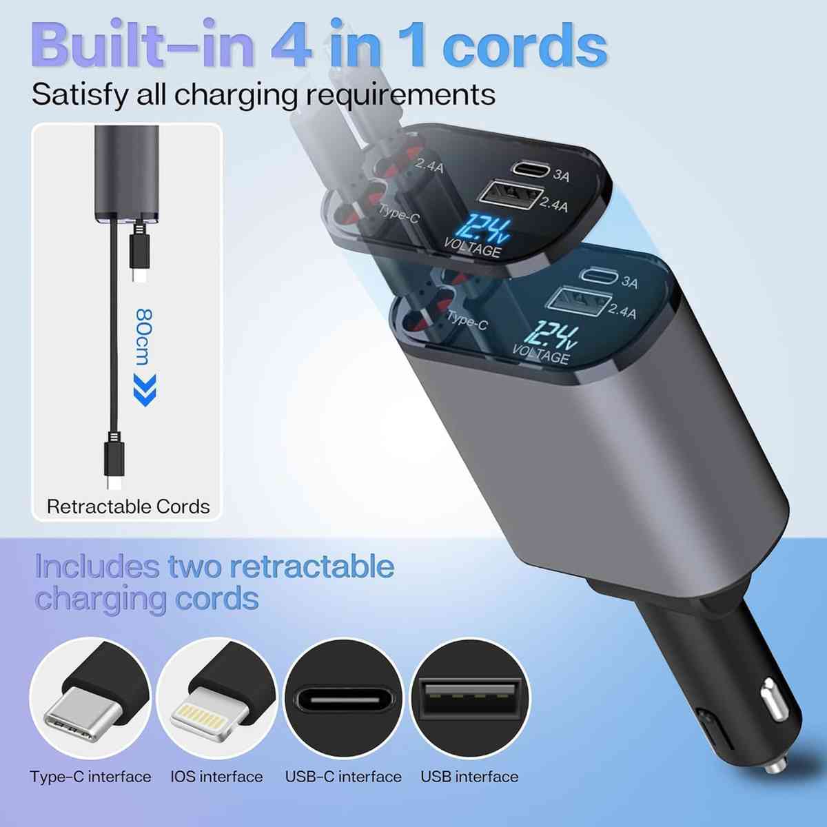 New 4 in 1 Retractable cable 2 Type C and iPhone Fast Charging Car Phone Charger 120W