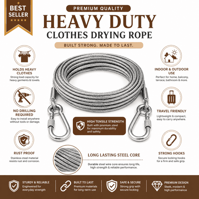 Multipurpose Heavy Duty Stainless Steel Clothes Drying Rope.